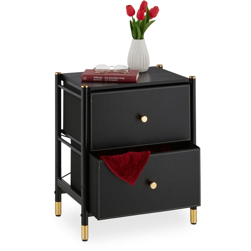 Table de nuit, 2 tiroirs, HxLxP : 55,5 x 46 x 33 cm, meuble chevet, petite commode, chambre, salon, noir/doré - Relaxdays