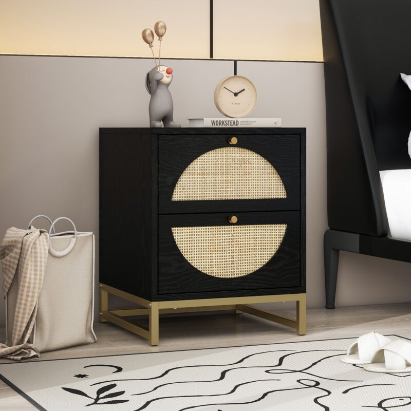 Table de nuit à deux tiroirs, design symétrique en demi-cercle,40x40x13CM,NOIR