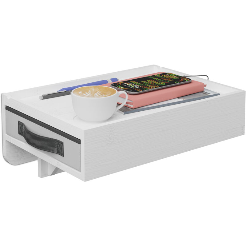 Relaxdays Étagère de lit, en bambou, tiroir, emplacement pour boisson, à suspendre HxLxP : 14 x 37 x 26,5 cm, blanche