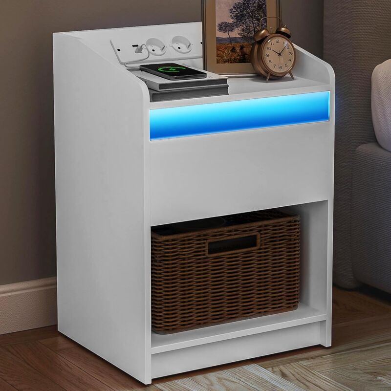 Table de Nuit avec LED, Table d'appoint avec Station Charge Blanc