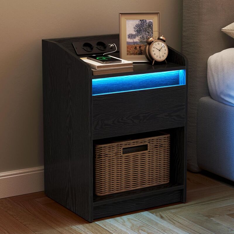Table de Nuit avec LED, Table d'appoint avec Station Charge Noir