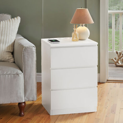 Table de nuit avec station de recharge, table de chevet, table d'appoint avec 3 tiroirs, 2 prises CA, 2 ports USB, pour la chambre à coucher, Blanc