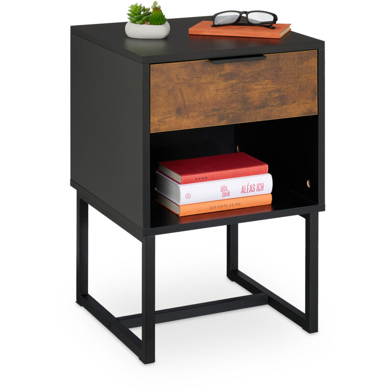 Relaxdays - Table de chevet, tiroir, design industriel, mélange de matériaux, hlp : 60,5 x 40 x 41,5 cm, noir et marron