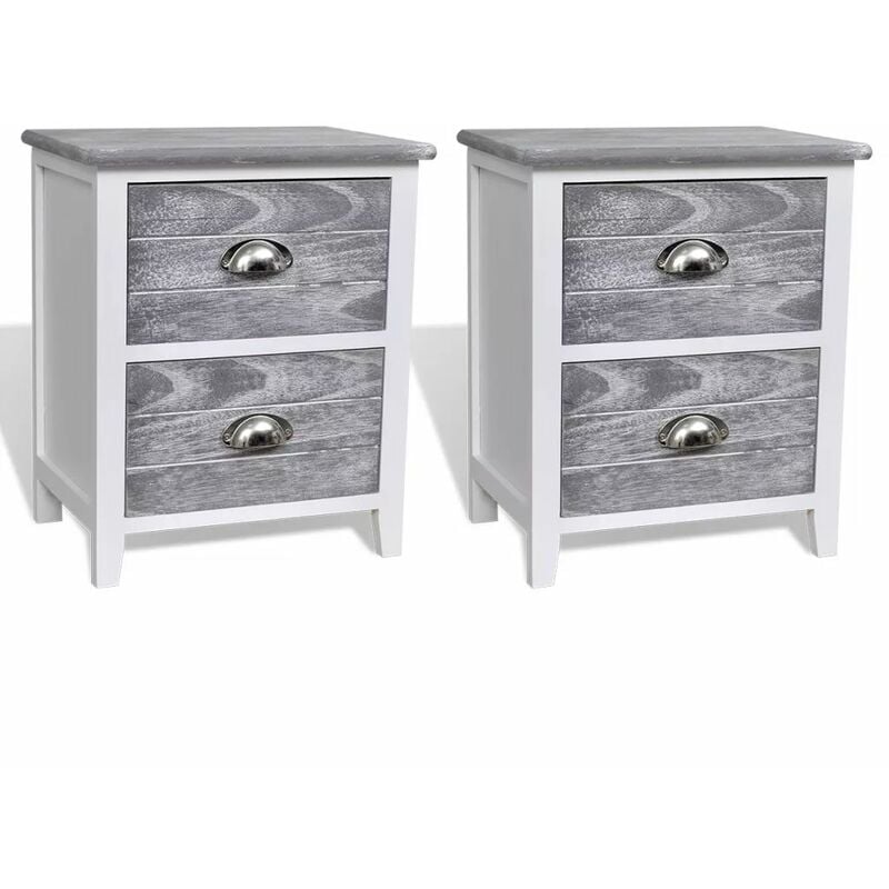 Table de nuit chevet commode armoire meuble chambre 2 pcs avec 2 tiroirs gris et blanc