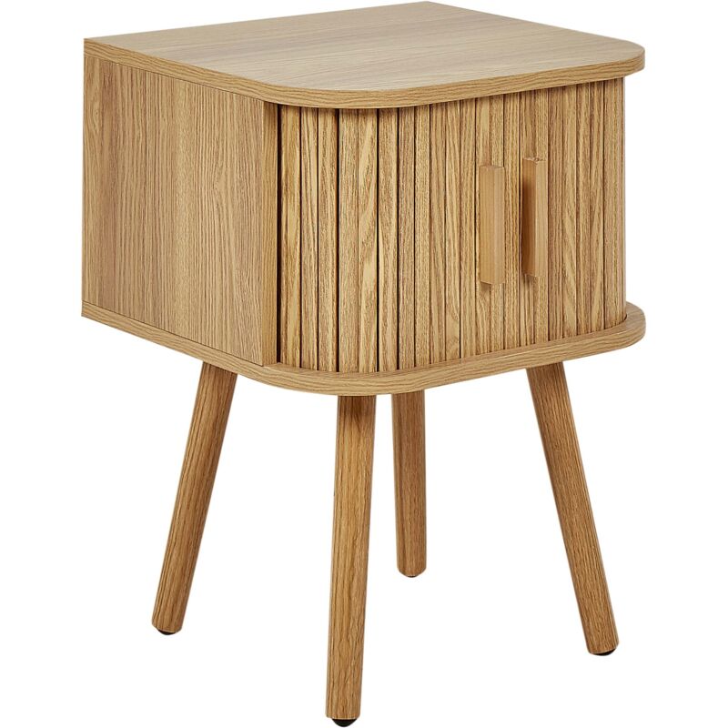 Table de Nuit Chevet de Lit Porte Coulissante MDF Pieds en bois Massif Bois Clair Selah