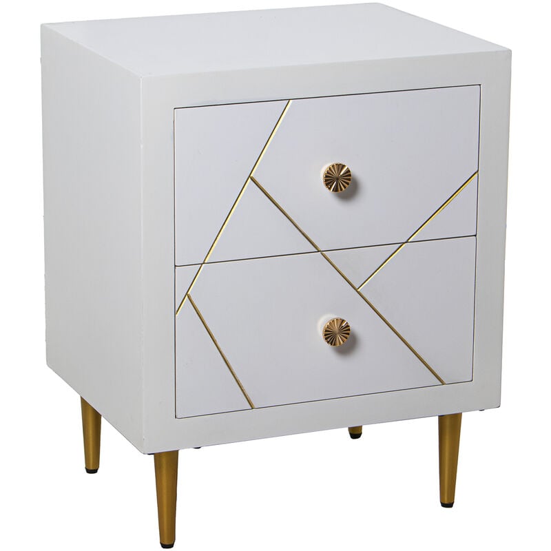 Table de chevet en bois blanc avec 2 tiroirs, pieds en métal doré 50X40X63 Cm