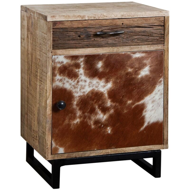Table de nuit en manguier et peau de vache