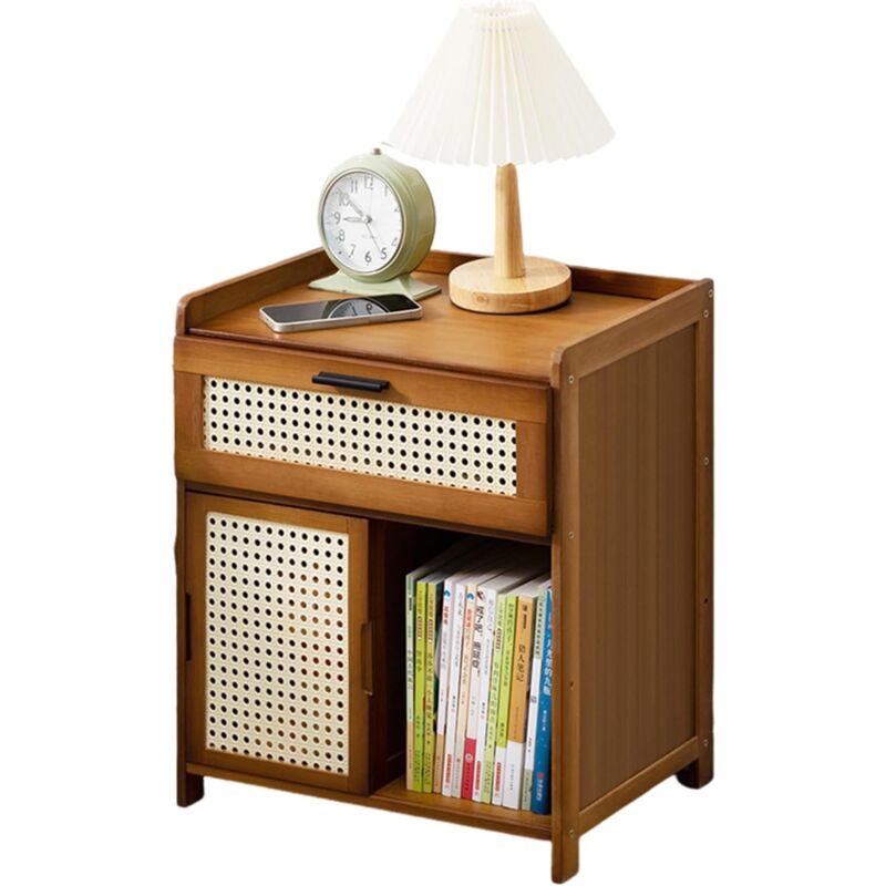 Table De Nuit en Rotin Tiroir avec Porte Coulissante, Table D'appoint en Bambou 42 × 31 × 50 Cm avec Armoire De Rangement, pour Chambre à Coucher