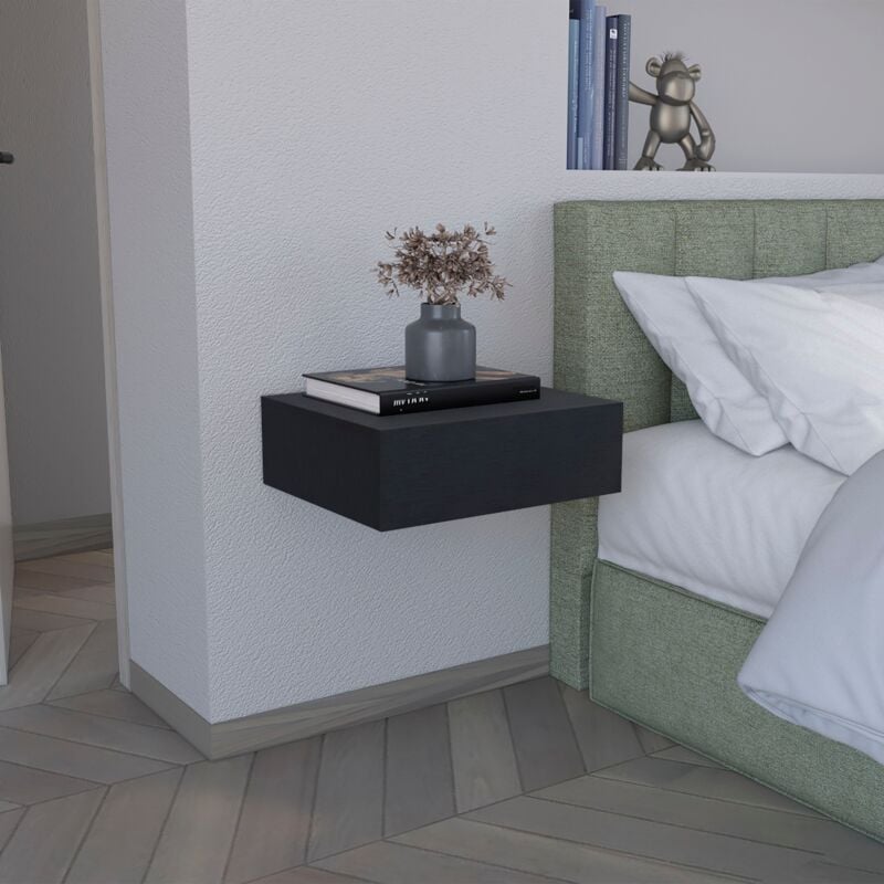 Table de nuit flottante Milano en mélamine avec tiroir sur rail métallique, Noir 13 x 40 x 34,1 cm