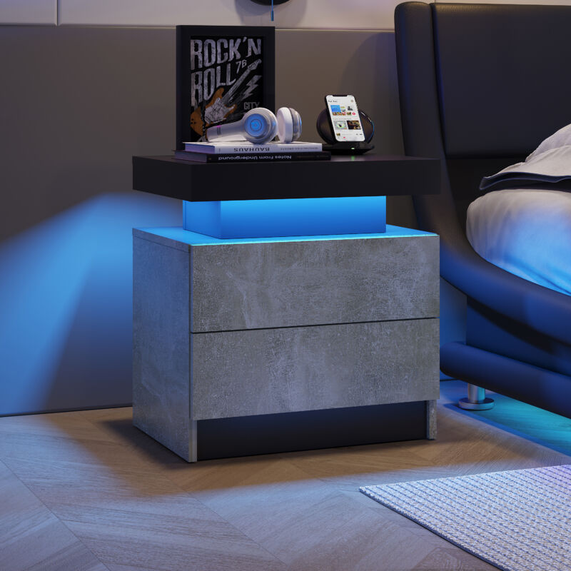 Table De Nuit LED + 2 Tiroirs + Éclairage LED Multicolore + Couleur Grise