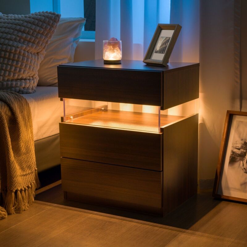 Table De Nuit LED + 3 Tiroirs + Plateau En Acrylique + Éclairage LED Multicolore