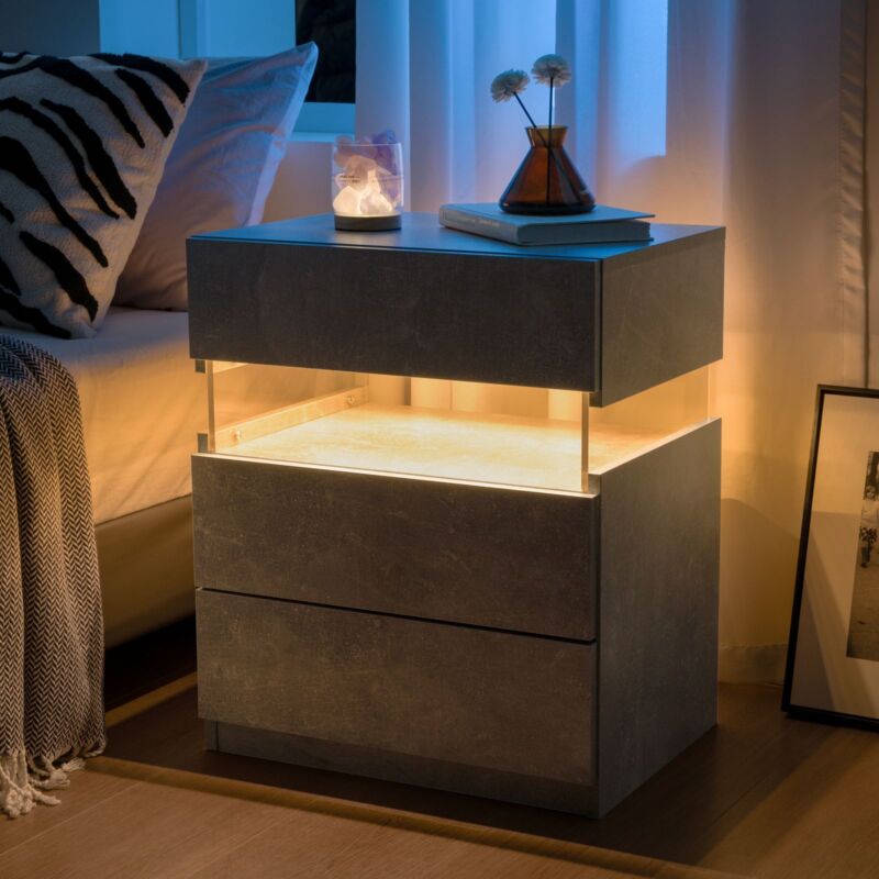Table De Nuit LED + 3 Tiroirs + Plateau En Acrylique + Éclairage LED Multicolore + Couleur Grise