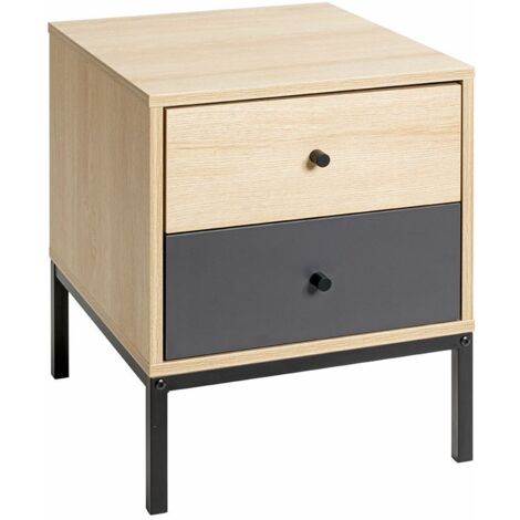 Table de nuit table de chevet 2 tiroirs coloris Chêne/gris et pieds en métal noir - Longueur 40 x Hauteur 50 x Profondeur 45 cm