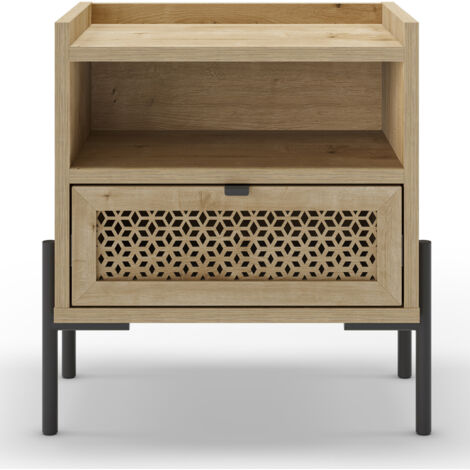 Table de nuit, table de chevet avec 1 tiroir aspect bois coloris chêne et pieds en métal noir - Longueur 48,9 x Profondeur 35 x Hauteur 52,60 cm