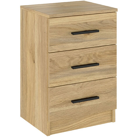 Table de nuit, table de chevet avec 3 tiroirs coloris chêne Mauvella - Longueur 39,60 x profondeur 33,50 x hauteur 59,50 cm
