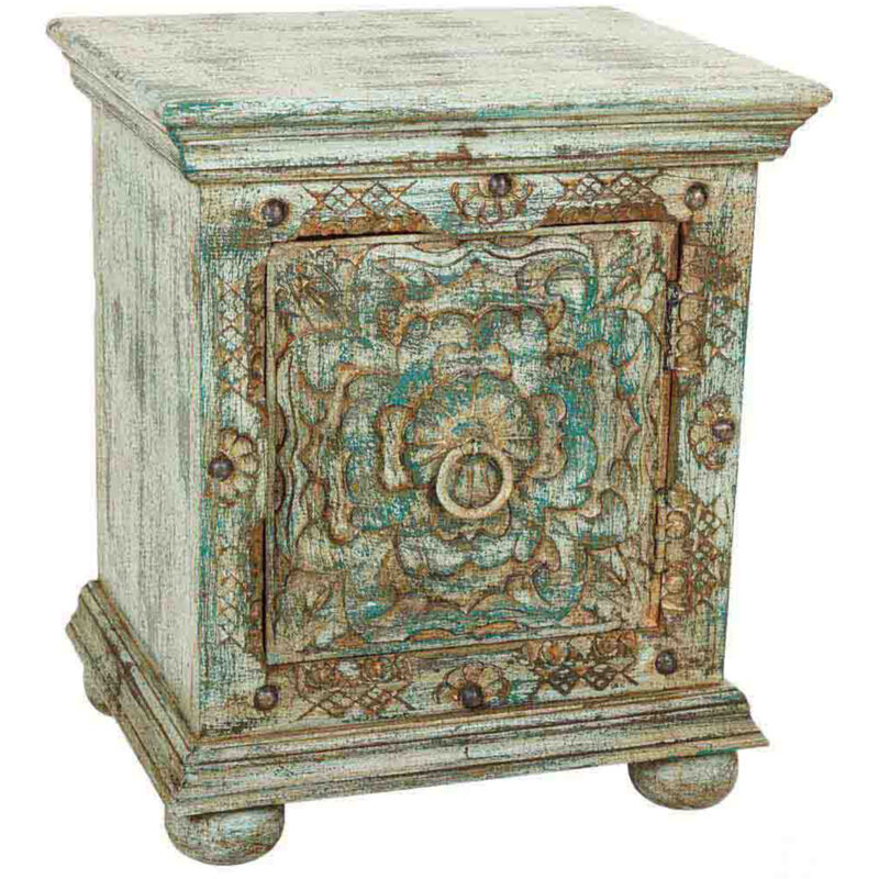 Table de nuit, table de chevet en bois avec 1 porte coloris vert vieilli - Longueur 50 x Profondeur 40 x Hauteur 59 cm