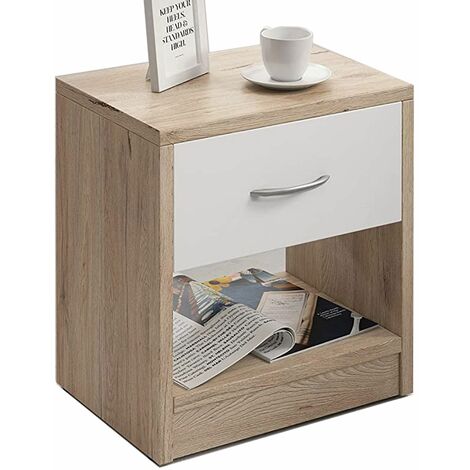 TENDENCIO Table De Nuit - Table De Chevet Rocha Style Scandinave Bois Façon Hêtre Et Blanc Avec Tiroir