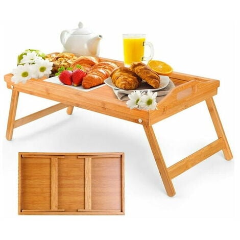 Table de Petit Déjeuner Pliable en Bambou - Pieds Réglables, Plateau de  Service