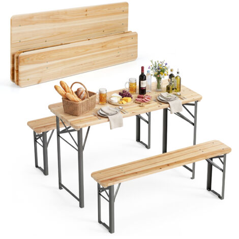 Table de Pic-nic Pliable et 2 Bancs en Bois avec Cadre en Métal, Ensemble de Mobilier d'Extérieur pour 4 Personnes, pour Terrasse, Jardin