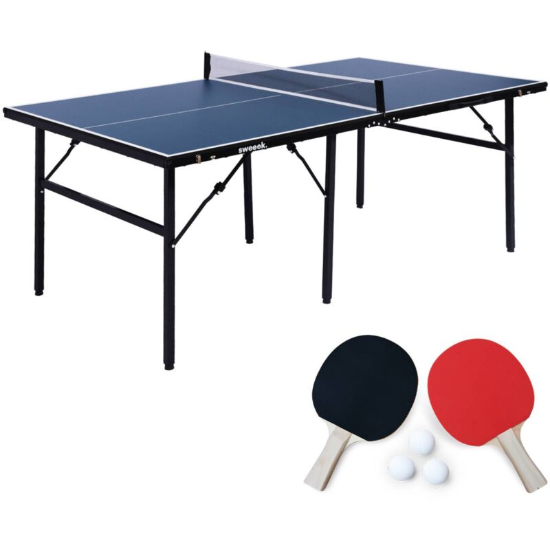 Sweeek – Table de ping pong d'intérieur pliable 180x102x76 cm – 2 raquettes en caoutchouc et 3 balles incluses – Structure métal 15x30cm