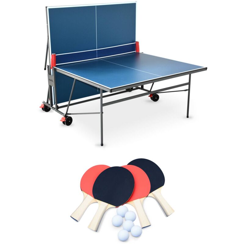 Table de ping pong indoor bleue - table pliable avec 4 raquettes et 6 balles. pour utilisation intérieure. sport tennis de table