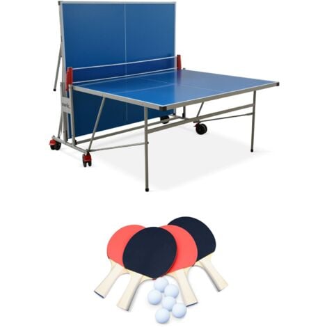 Table de ping pong OUTDOOR bleue - table pliable avec 4 raquettes et 6 balles. pour utilisation extérieure. sport tennis de table