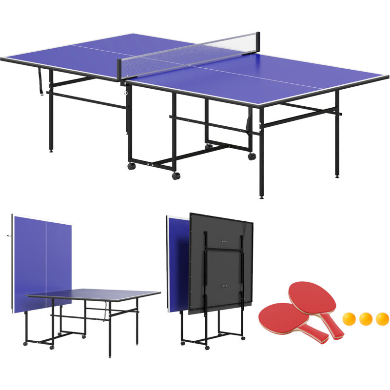 Table de ping-pong pliable compacte avec 4 roulettes bleu