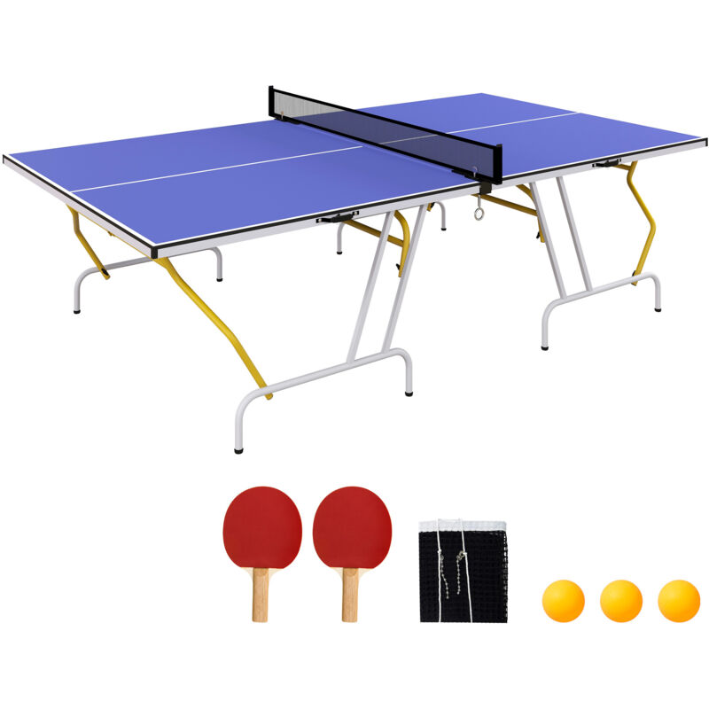 Table de ping pong pliable en 4 - dim. 274 x 152,5 x 76 cm - filet, 2 raquettes, 3 balles inclus - jaune blanc bleu