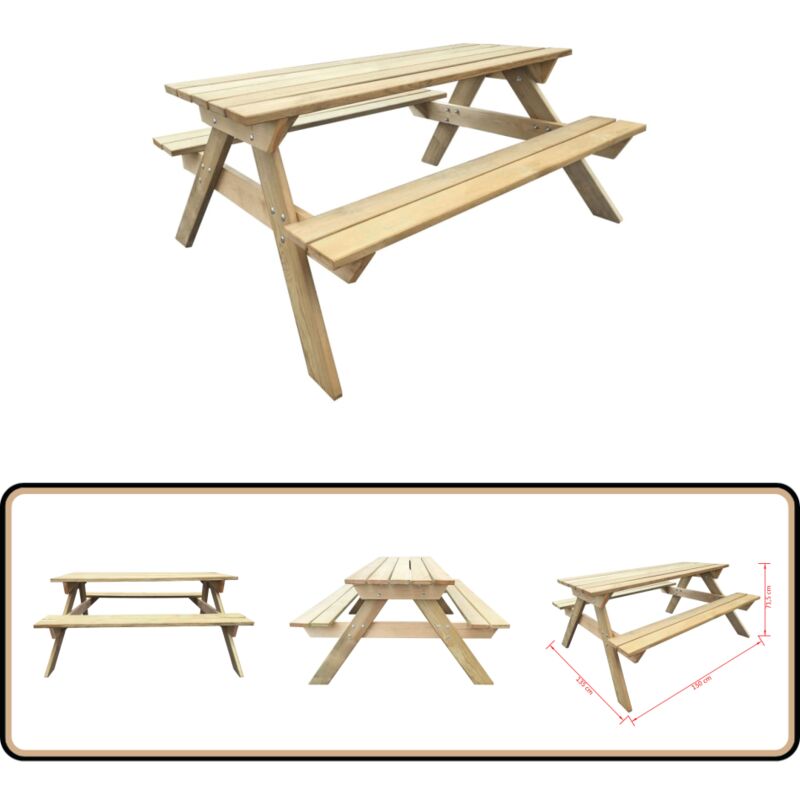 Table de pique-nique 150 x 135 x 71,5 cm Bois - Table De Pique-nique - Table Jardin - Mobilier De Jardin - Table En Bois - Table Extérieure