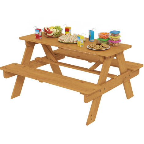 Table de pique-nique enfant en bois massif naturel avec bancs, ensemble salon jardin extérieur pour enfants