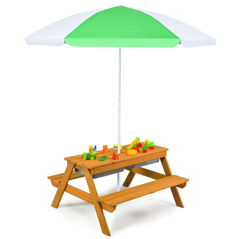 Table de pique nique exterieure 3 en 1 table deau et de sable avec boites de jeux et parapluie naturel et blanc