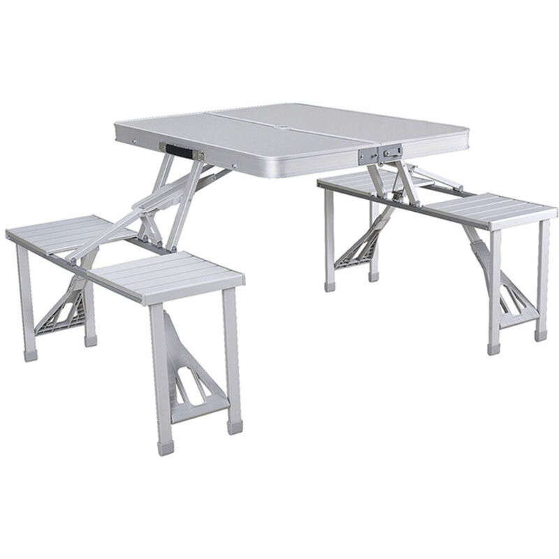 Mb Marbueno - Ensemble Marbueno: Table et 4 Sièges avec Trou pour Parasol Pliable Aluminium Gris Camping Plage 136X85X67 cm 10439