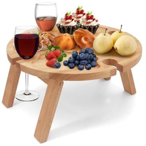 Table de pique-nique pliable en bois avec support pour verre à vin rouge - Table de pique-nique pliable - Petite table de plage pour jardin, voyage, camping, pique-nique, plage
