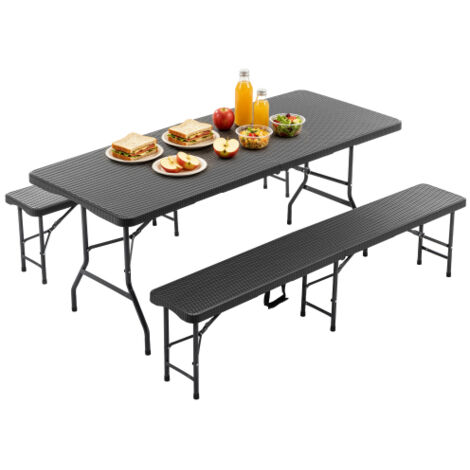 Table de pique-nique pliante de 1,80 m avec 2 bancs, ensemble de camping 3 pièces, plateau en PEHD motif arbre, verrouillage de sécurité, résistant aux UV et à l'eau, noir