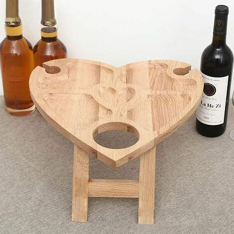 Table de pique-nique portable en bois, table créative en forme de cœur, table à vin pliante extérieure 2 en 1 porte-verre à vin et plat à collations avec, pour camping en plein air, plage et parc,Supe