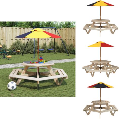 Table de pique-nique pour 6 enfants avec parasol hexagone sapin - Table De Pique-nique - Tables De Pique-nique - Banc De Pique-nique - Table De Pique-nique D'extérieur