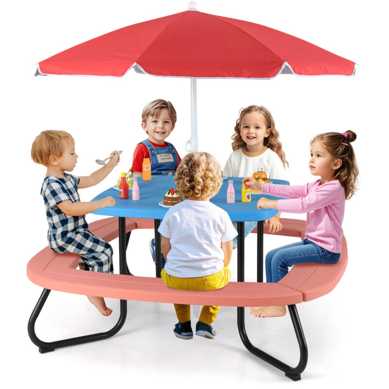 Costway - Table de Pique-Nique pour Enfants, avec Parasol Réglable et Pliable, 4 Bancs Intégrés, en hdpe avec Cadre Métallique pour 3+ Ans, Rouge