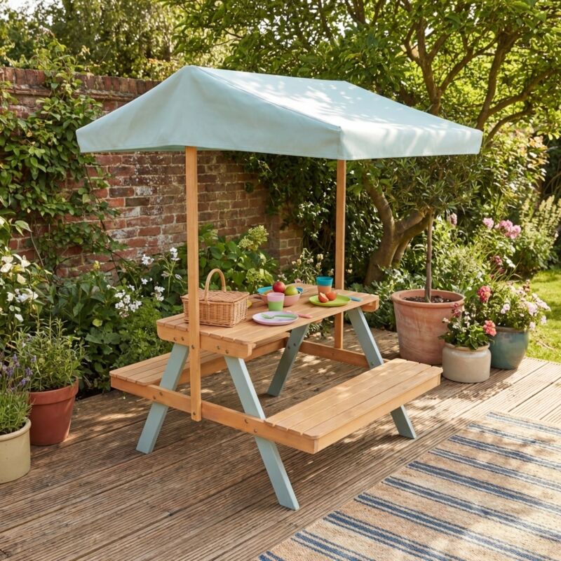 Table de pique-nique. salon de jardin enfant bois d'acacia avec parasol 2 places vert de gris - Jade