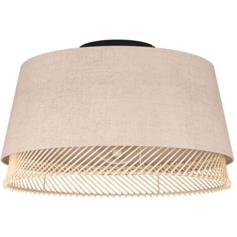 Table de plafonnier en acier noir Textile, Nature du bois, Brown E27 1x40W H: 23,5 cm Ø38 cm Dimmable