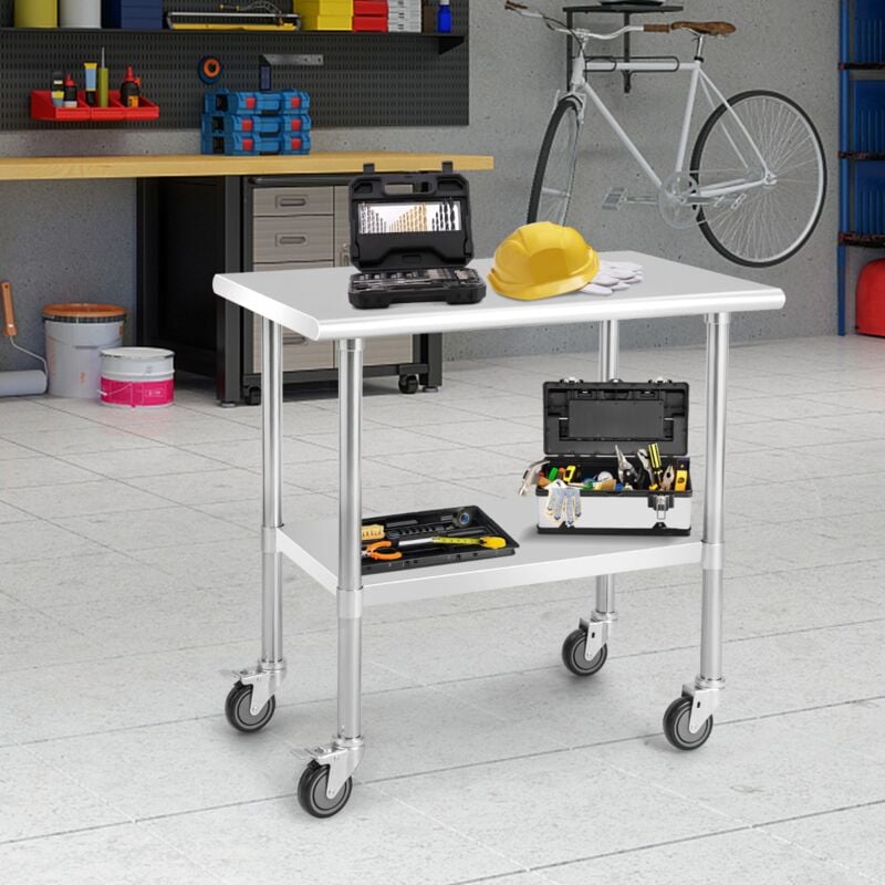 Maisonchic - Table de Préparation à Roulettes Desserte de Cuisine 2 Niveaux en Acier Inox&Acier Galvanisé 915x61x885cm Argenté design in