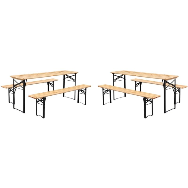 Lot de 2 tables de réception pliantes bois de sapin 2 bancs naturel Bayonne esprit brasserie 12 places