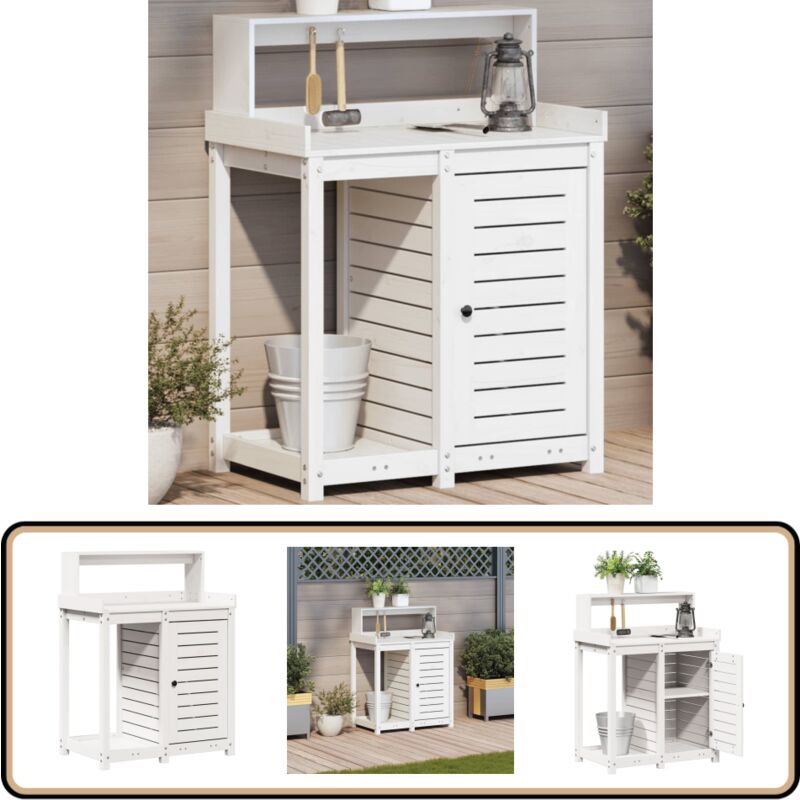 Table de rempotage avec étagères blanc bois massif de pin - Table De Rempotage - Meuble De Jardin - Support Plante - Étagère Jardinière - Banc De
