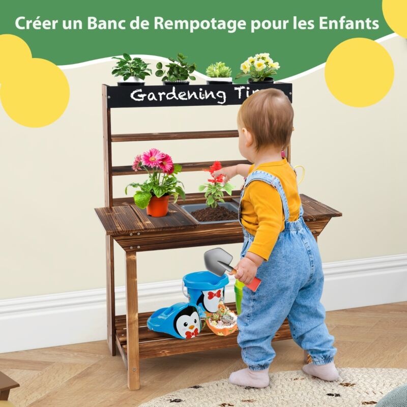 Maisonchic - Table de Rempotage en Bois Cuisine Extérieure avec Cadre en Bois de Sapin Évier Amovible 4 Pots de Fleurs Tableau Noir pour 3-7 Ans