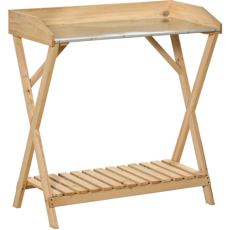 Table de rempotage jardinage - étagère à lattes - plateau tôle acier galvanisé avec rebords - bois sapin pré-huilé