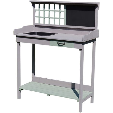 Table de rempotage jardinage multi-équipée tiroir, étagère, évier dim. 92L x 43l x 120H cm bois massif pin pré-huilé gris vert menthe