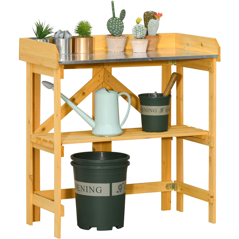 Outsunny - Table de rempotage jardinage pliable - étagère plateau acier galvanisé avec rebord - bois sapin pré-huilé