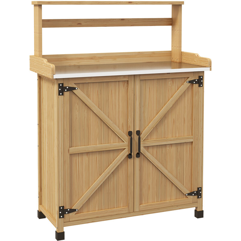 Outsunny - Table de rempotage jardinage - étagères, 2 portes avec étagère - plateau tôle acier galvanisé - bois sapin pré-huilé