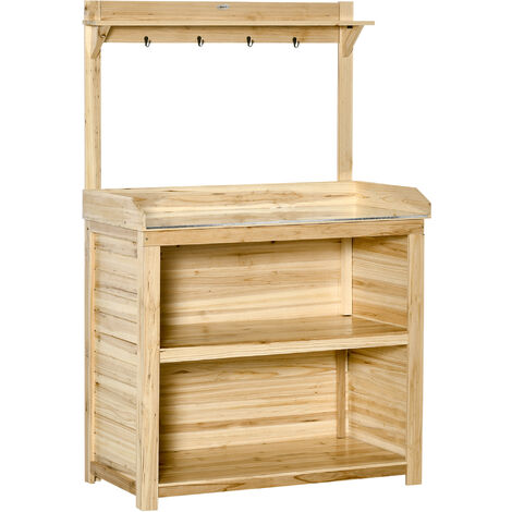 Table de rempotage - table de jardinage avec 2 étagères plan de travail métal galvanisé avec rebord - 4 crochets - table de plantation bois sapin pré-huilé