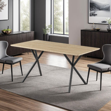 Table de repas 2,4m finition naturel et pieds croisés métal noir - ALINA