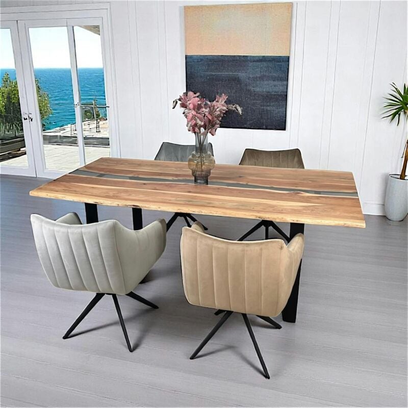 Table rivière epoxy noir et bois d'acacia 200 cm bora